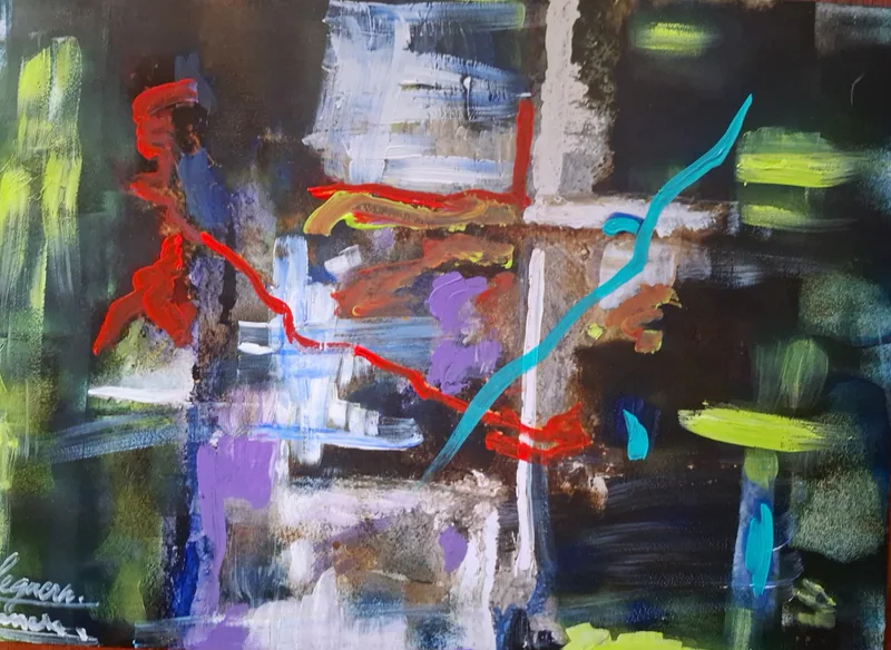 Éclats d'ombres et trajectoires — œuvre de Nassera Le Guern, acrylique et technique mixte