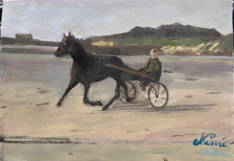 La calèche — œuvre de Nassera Le Guern, peinture sur carton