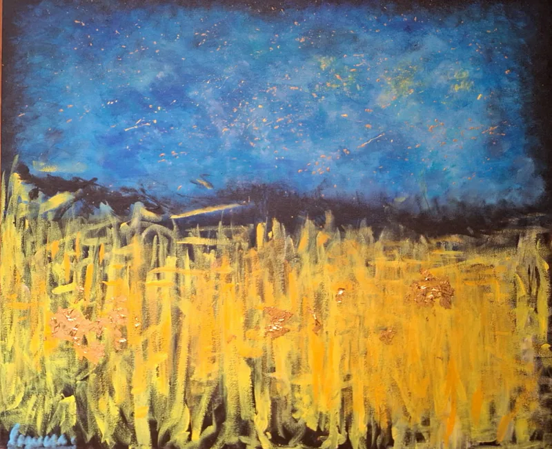 Nuit d'Or et d'Azur — œuvre de Nassera Le Guern, technique mixte sur toile, incrustations d'éléments métalliques dorés